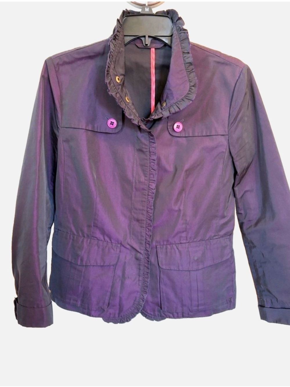 Sonia Bogner Coated Jacket Purple Ruffle Collar Utility Size 10
